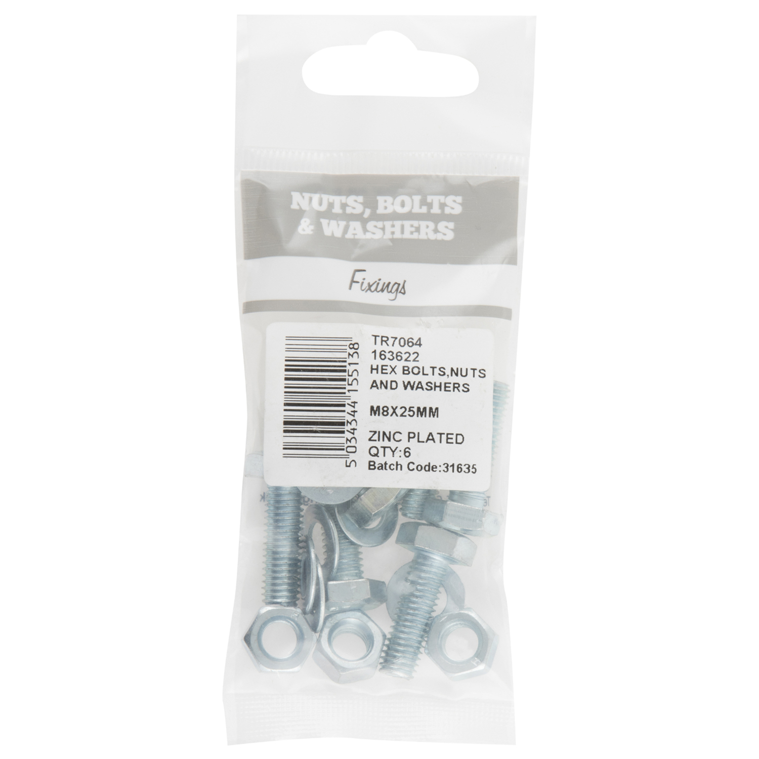 Hiatt M8 x 25mm Hex Bolt Nut and Washer 6 Pack Image 1