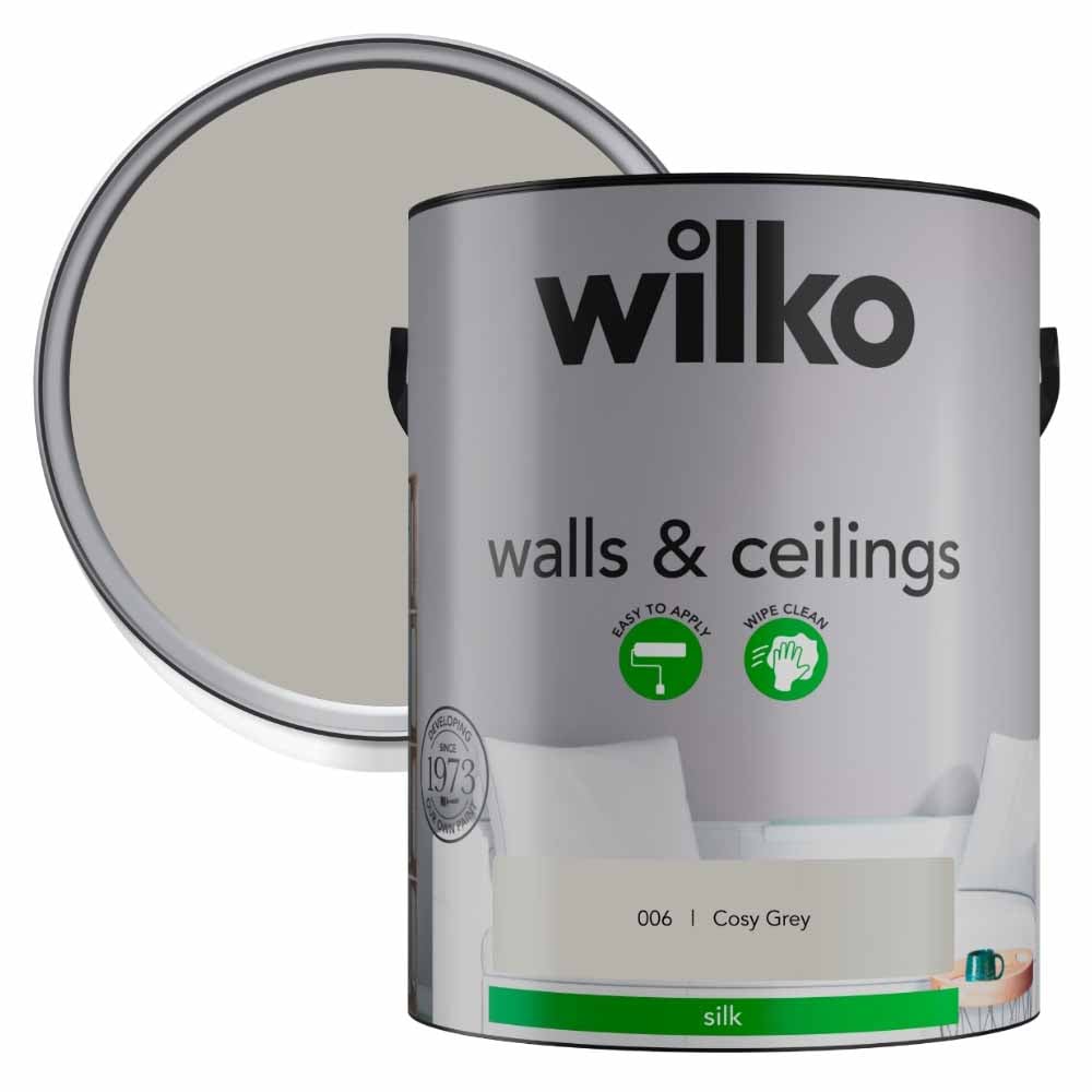 Wilko Walls & Ceilings Cosy Grey Silk Emulsion Paint 5L Image 1