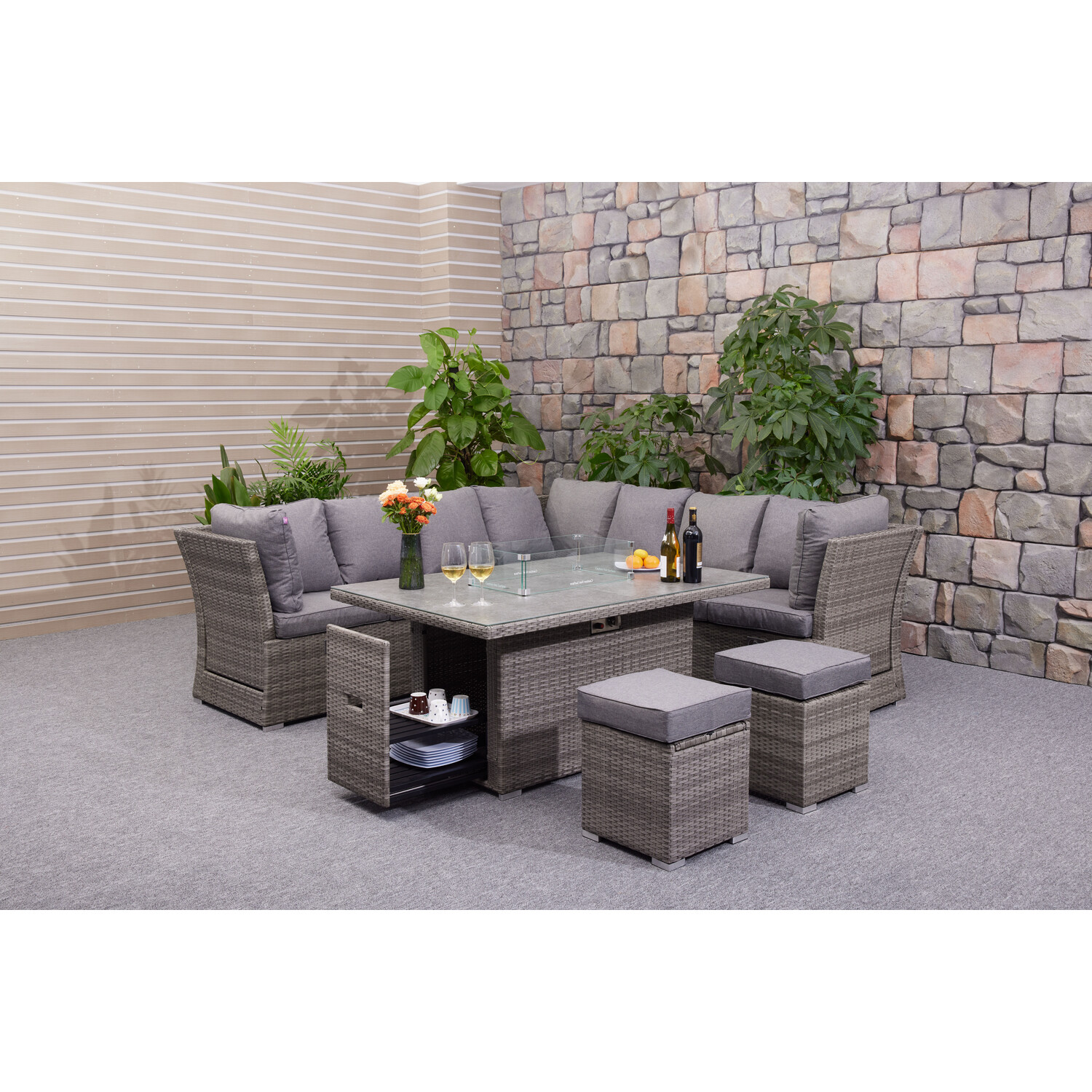 Malay Deluxe Malay New Hampshire 6 Seater Grey Wicker Fire Pit Garden Lounge Set Image 9