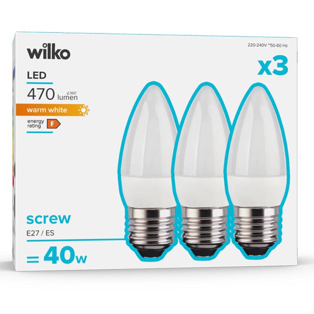 Wilko 3 Pack Screw E27/ES LED 470 Lumens Candle Light Bulb Image 1