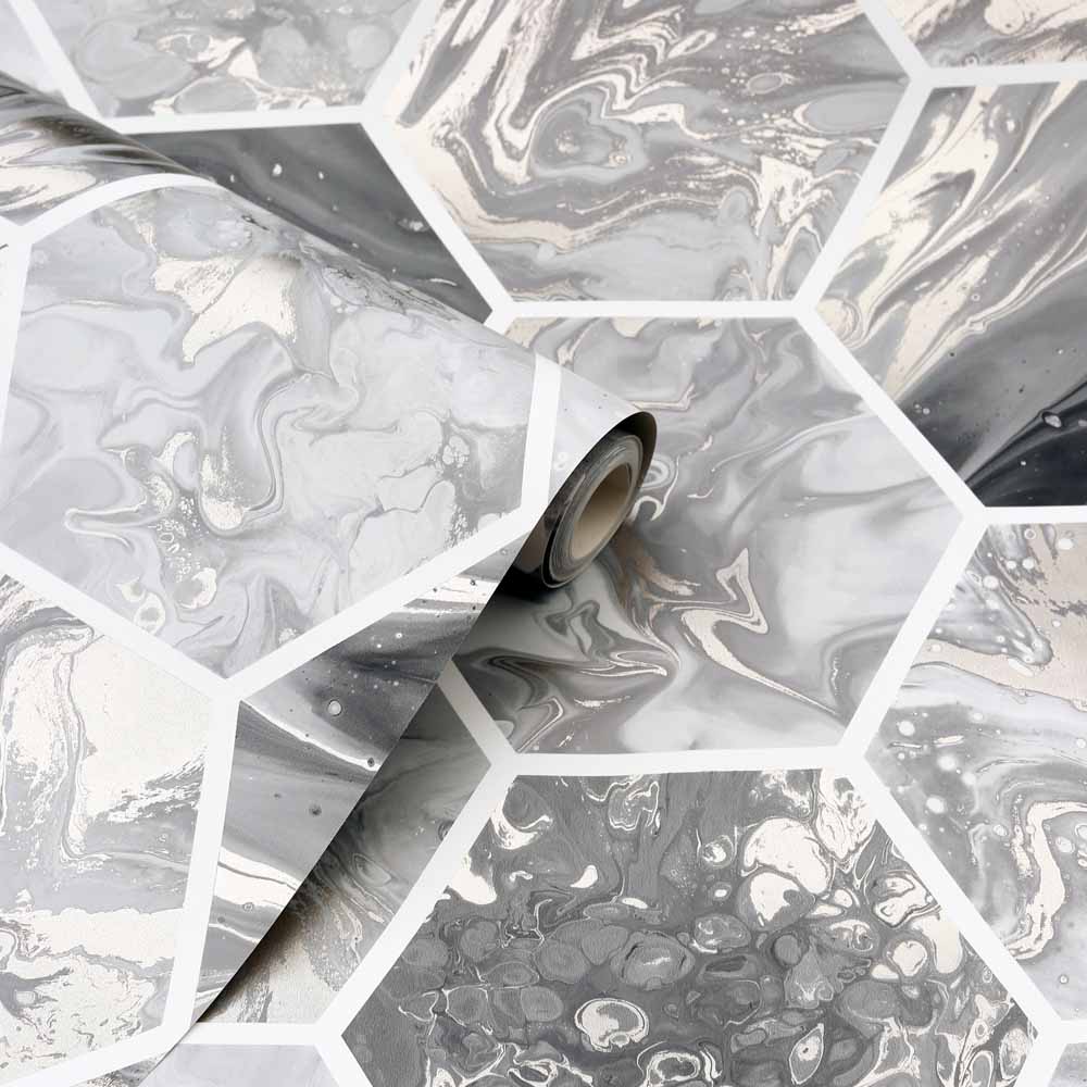 Arthouse Marbled Hex Charcoal and Rose Gold Wallpaper Image 2