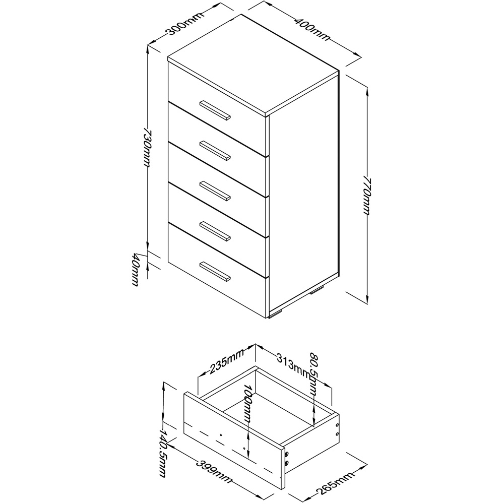 Core Products Lido 5 Drawer White Narrow Chest of Drawers Image 6