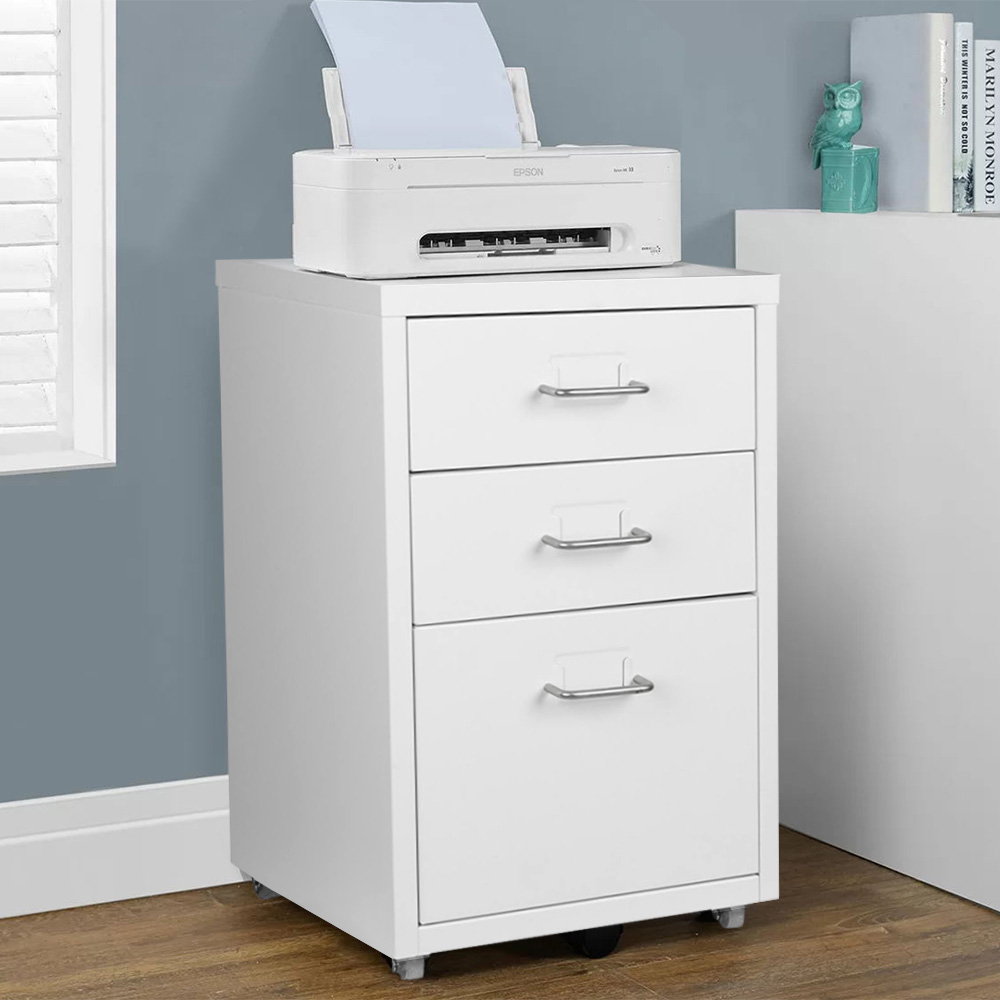 Living and Home White 3 Tier Vertical File Cabinet with Wheels Image 1