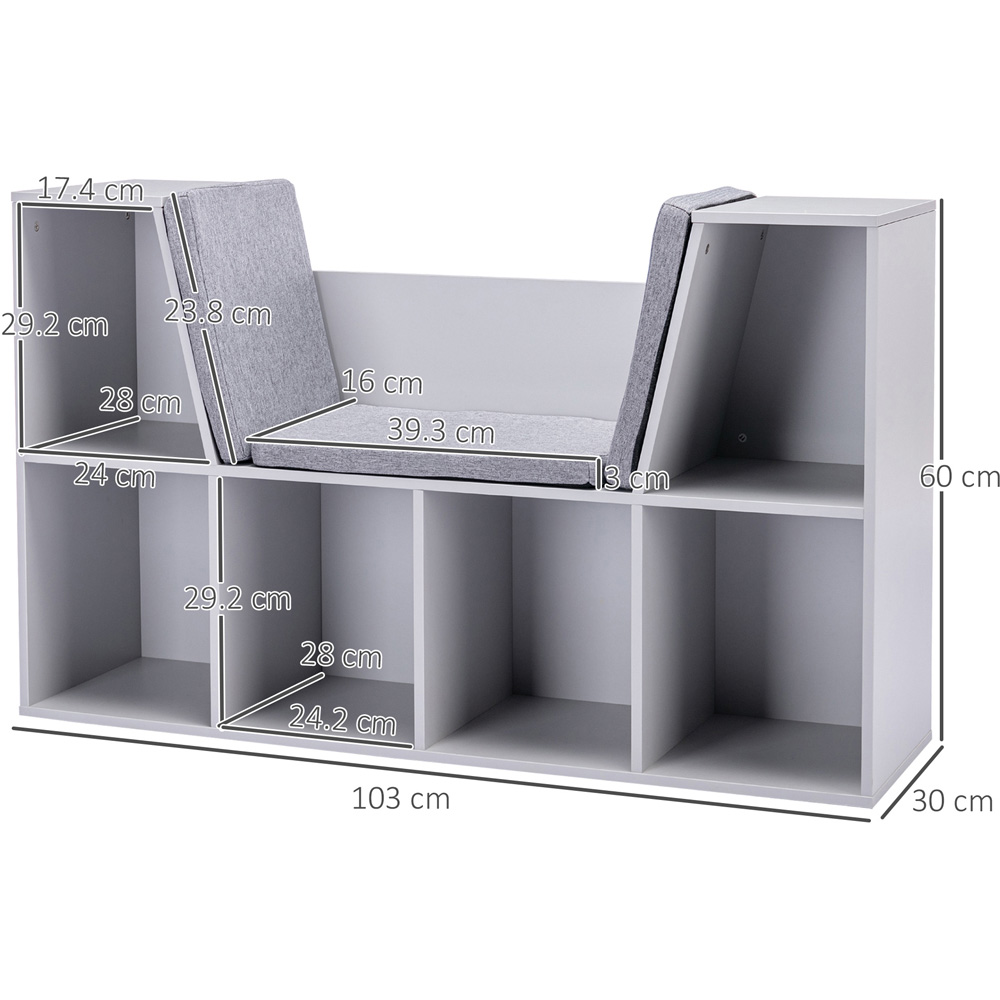 HOMCOM 6 Shelf Grey Kids Bookcase with Cushioned Reading Seat Image 9