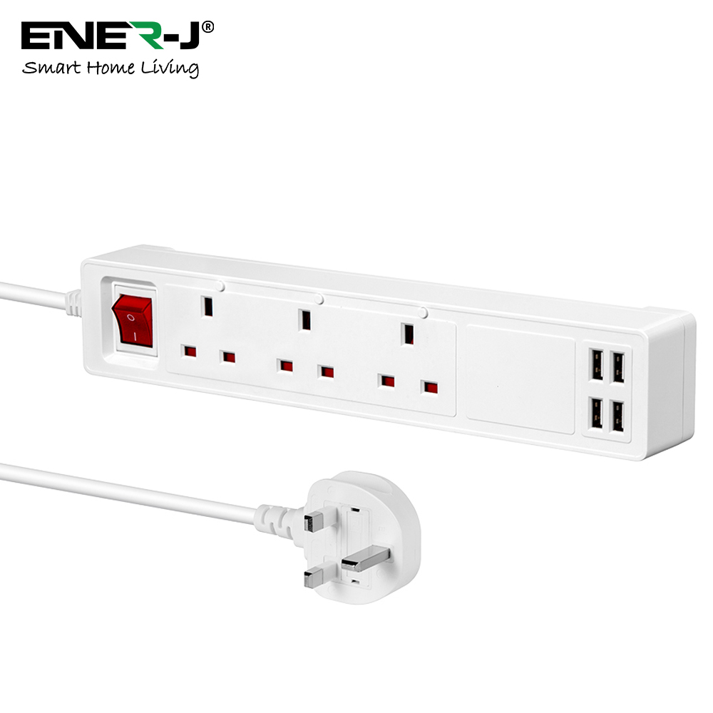 Ener-J White 3 Socket Smart Power Extension with 4 DC USB Ports Image 2