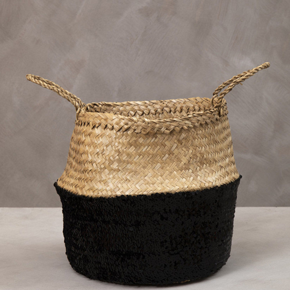 Premier Housewares Black Sequin and Natural Small Seagrass Basket Image 2