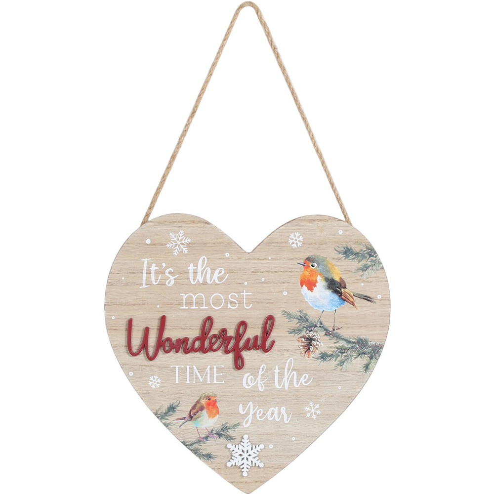 Snowy Robin Wooden Heart Plaque Image