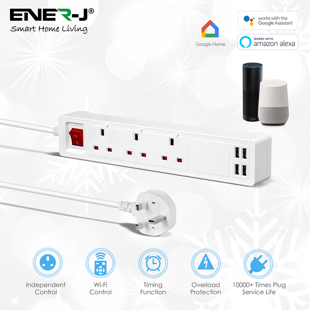 Ener-J White 3 Socket Smart Power Extension with 4 DC USB Ports Image 5