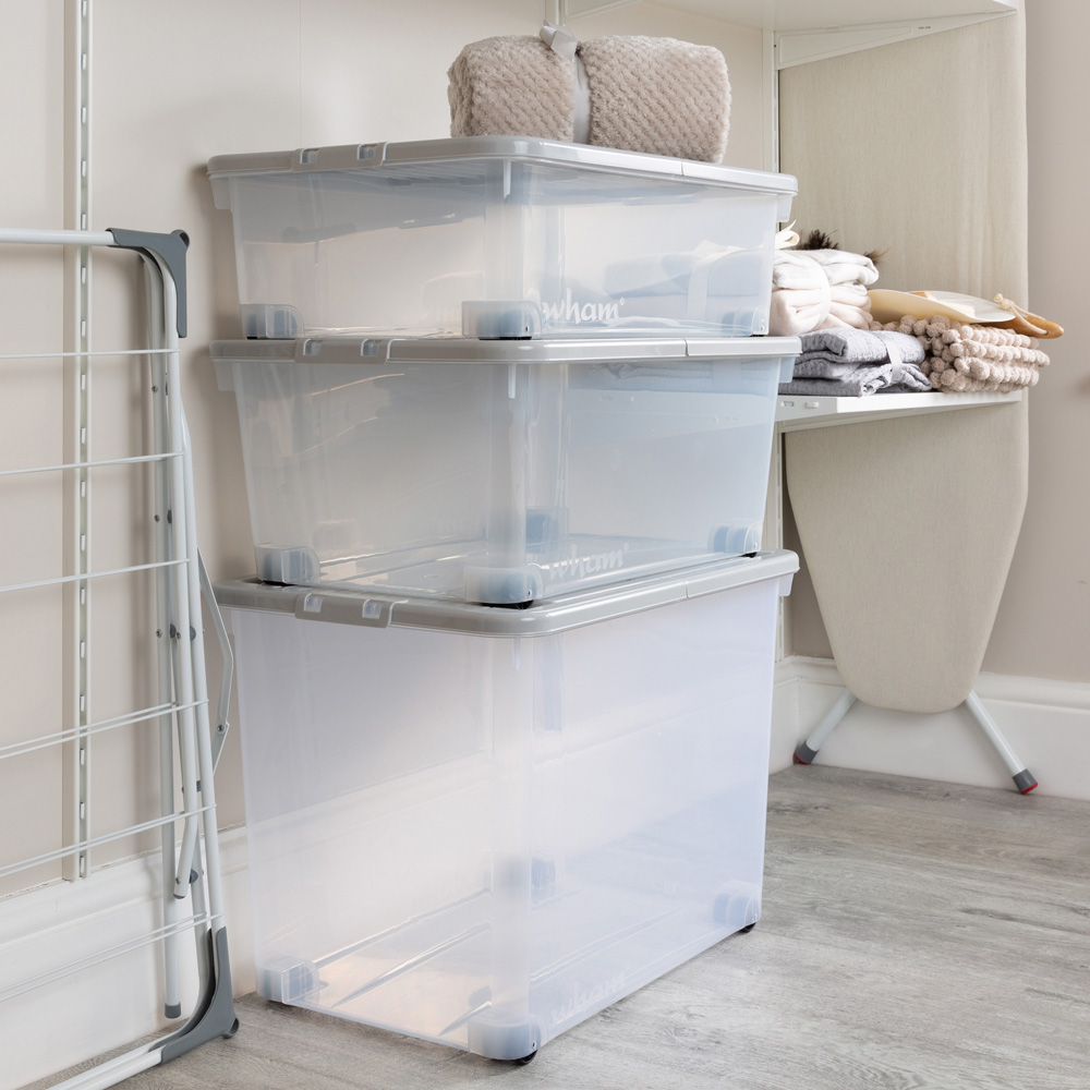 Wham Multisize Stackable Plastic Cool Grey Storage Box with Wheels and Folding Lid 3 Piece Image 2