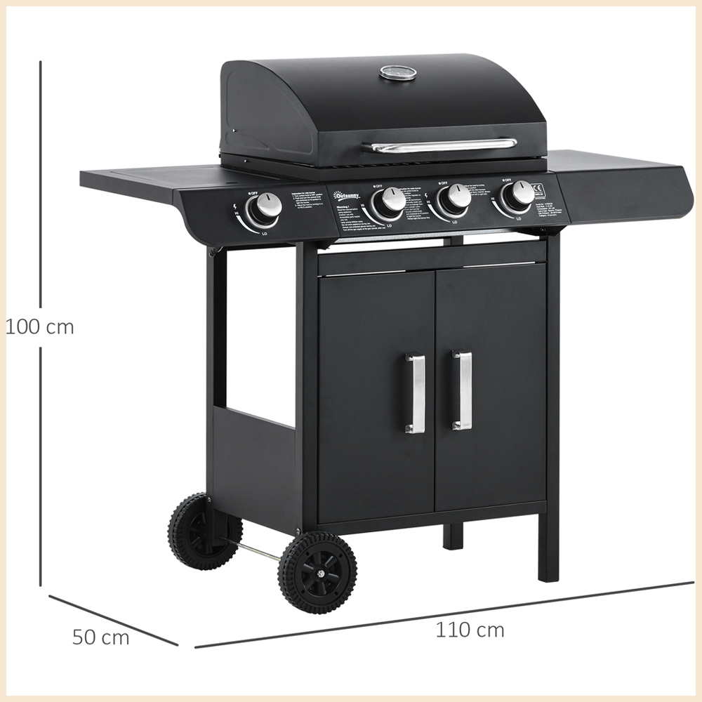 Outsunny Black 3 + 1 Deluxe Gas Burner BBQ Grill Image 7