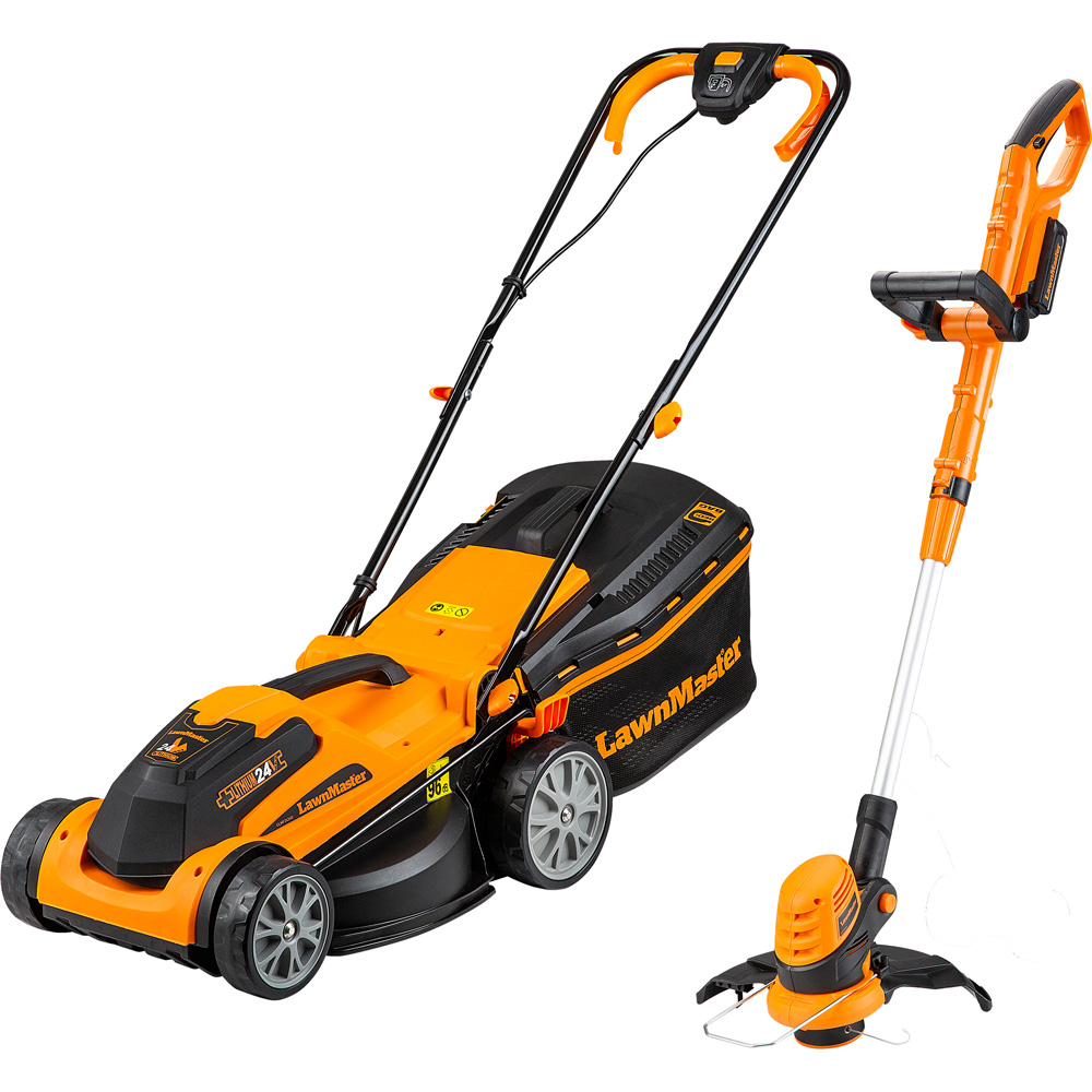 LawnMaster MFGT COMBO 24V Hand Propelled 34cm Rotary Battery Lawn Mower with Line Trimmer Image 1