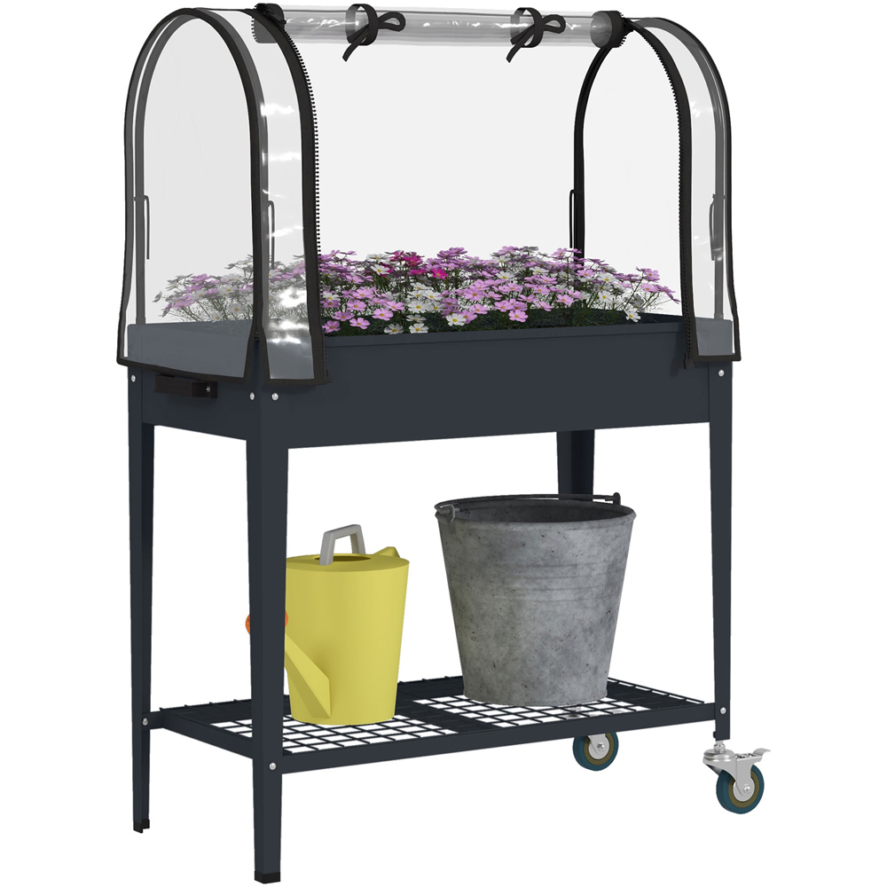 Outsunny Grey Raised Planter with Greenhouse Cover and Wheels Image 1