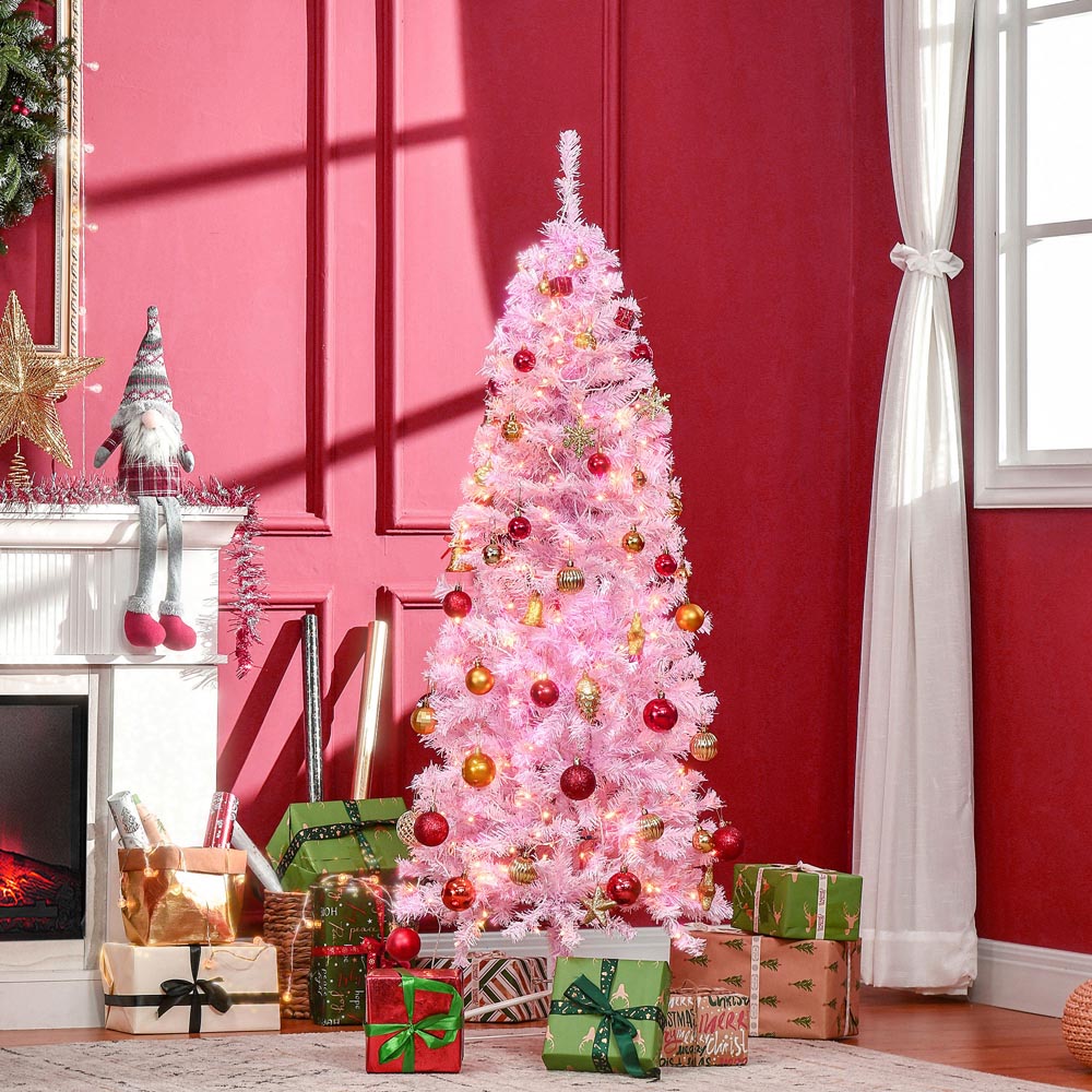 Everglow Warm LED Pre-Lit Tall Pink Pencil Slim Artificial Christmas Tree 7ft Image 2