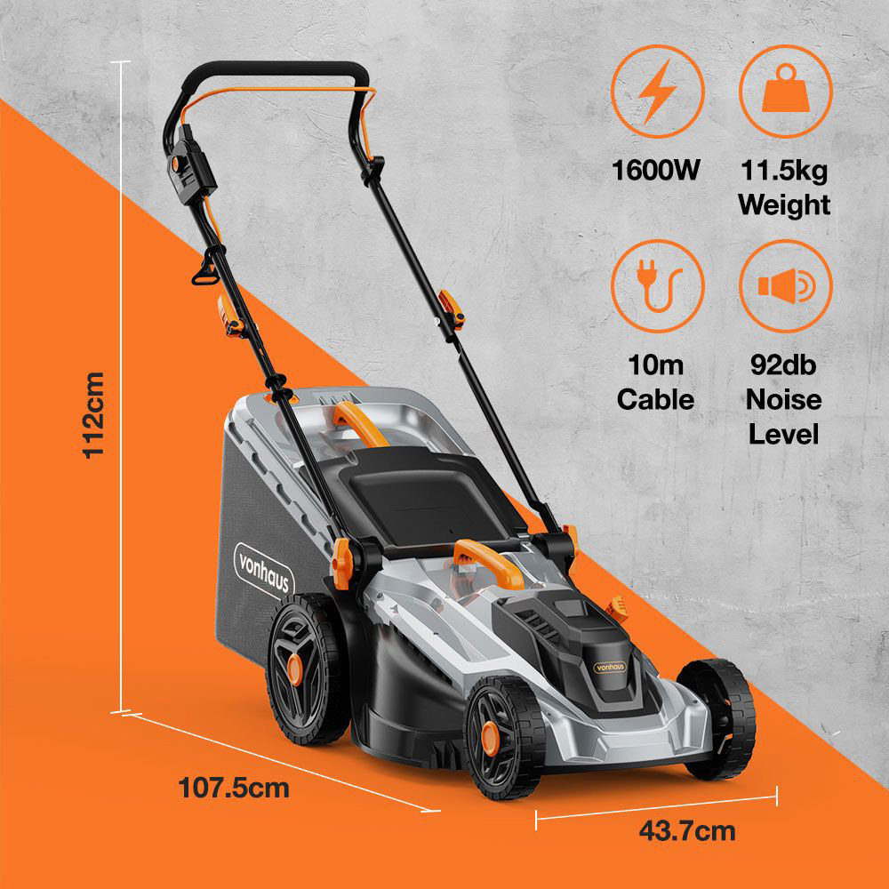 VonHaus 2515382 1600W Hand Propelled 38cm Rotary Electric Lawn Mower Image 9