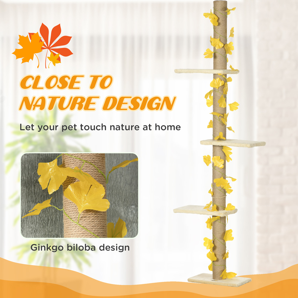 PawHut 242cm Yellow Adjustable Floor-To-Ceiling Cat Tower Image 4