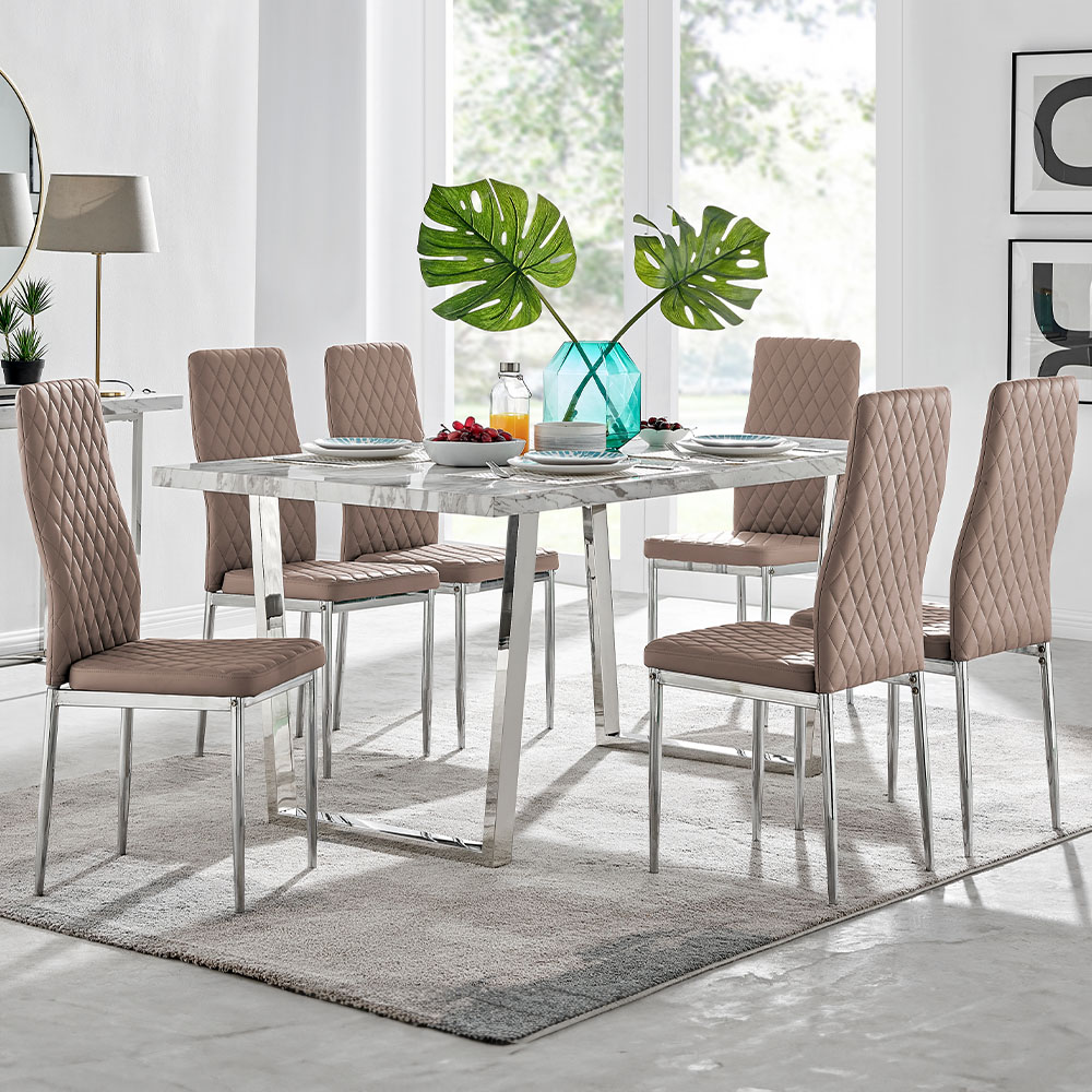 Furniturebox Solo Valera 6 Seater Dining Set Marble Effect and Cappuccino Image 1