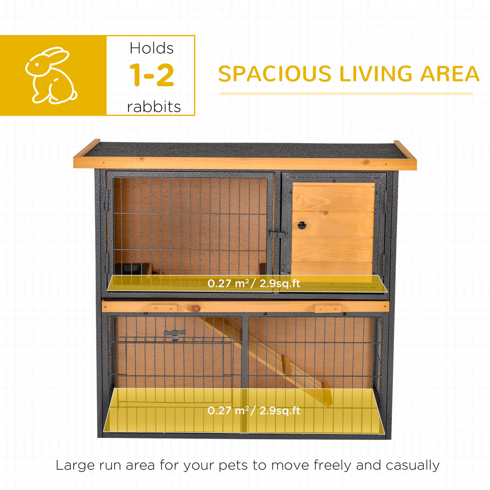 PawHut Wood Metal 2 Tier Elevated Rabbit Hutch with Openable Roof Image 4