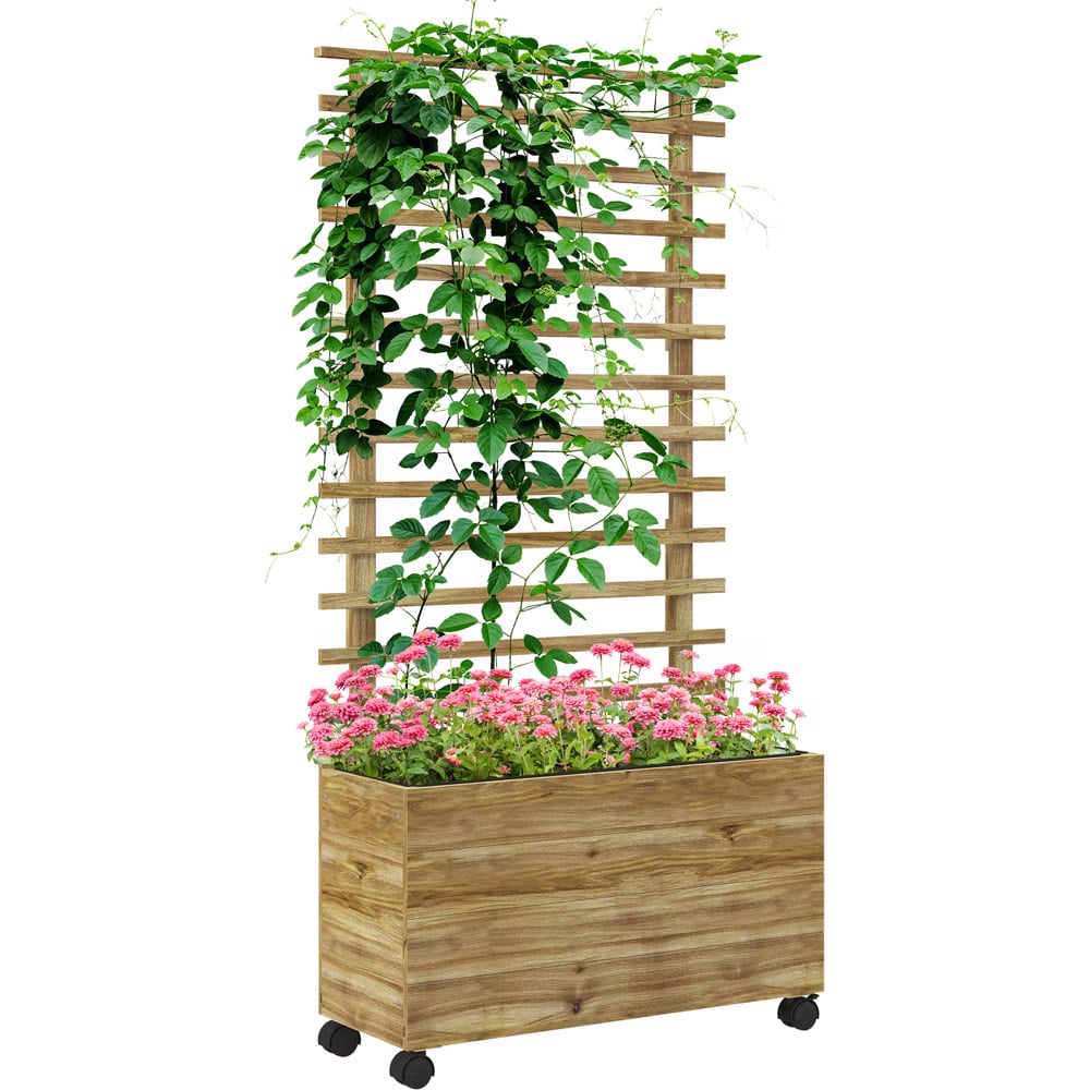 Outsunny Natural Wooden Raised Garden Bed Trellis Planter Box with 4 Wheels Image 1