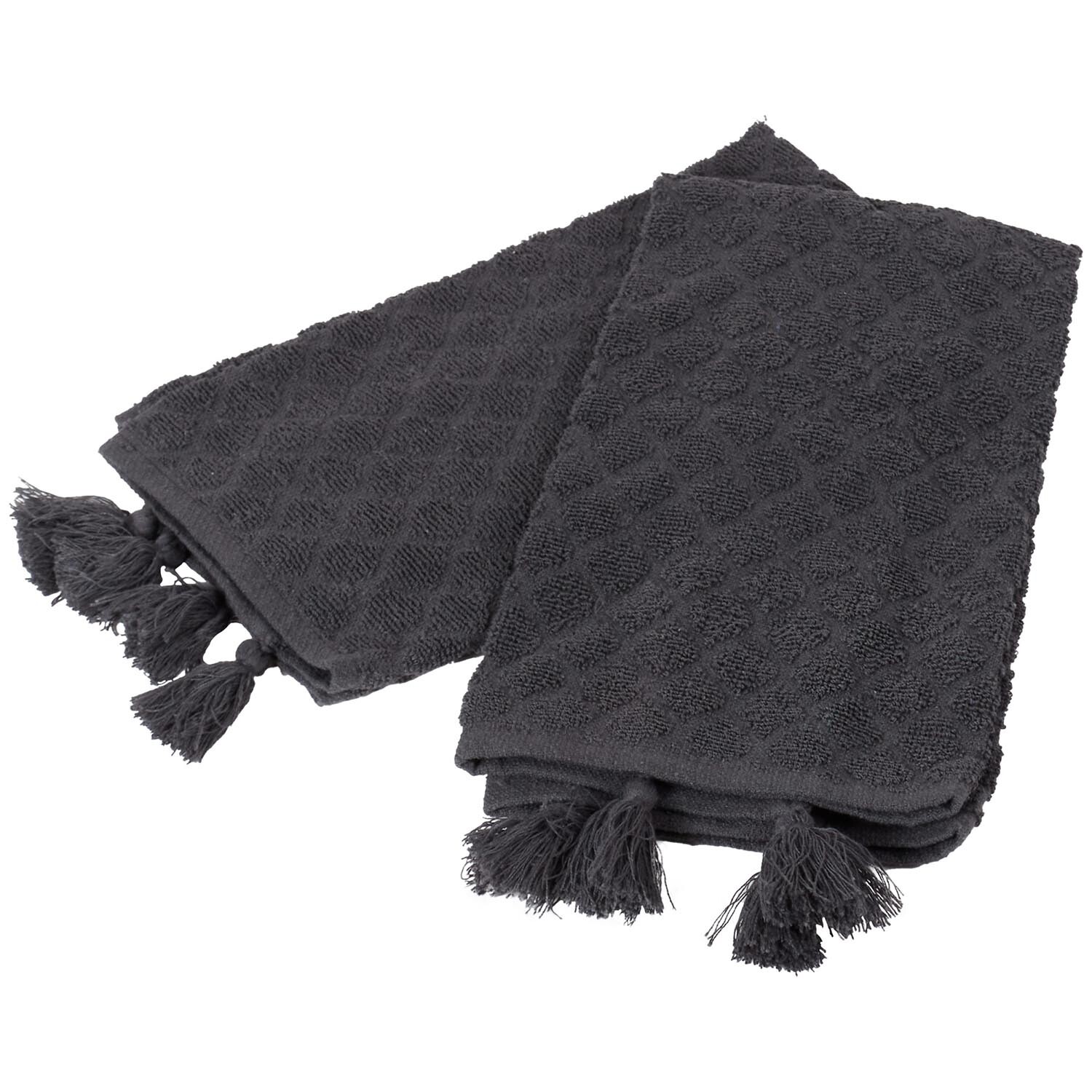 Pack of 2 Dobby Terry Kitchen Towels with Tassels - Dark Grey Image 5