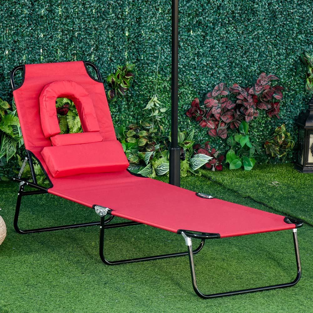 Outsunny Red Reclining Foldable Sun Lounger with Reading Hole Image