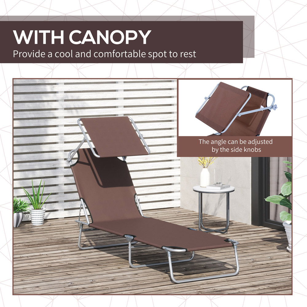 Outsunny Brown Foldable Sun Lounger with Sunshade Awning Image 6
