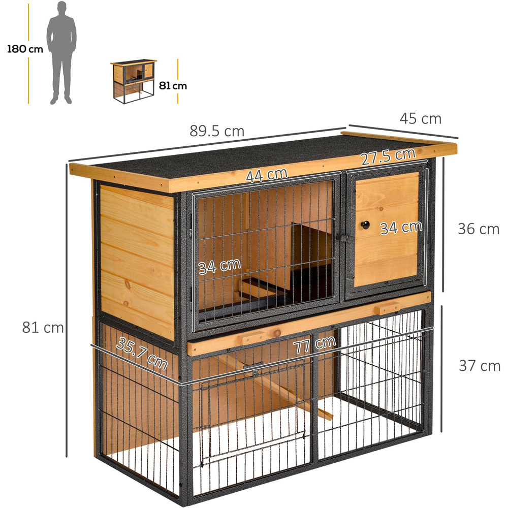 PawHut Wood Metal 2 Tier Elevated Rabbit Hutch with Openable Roof Image 6