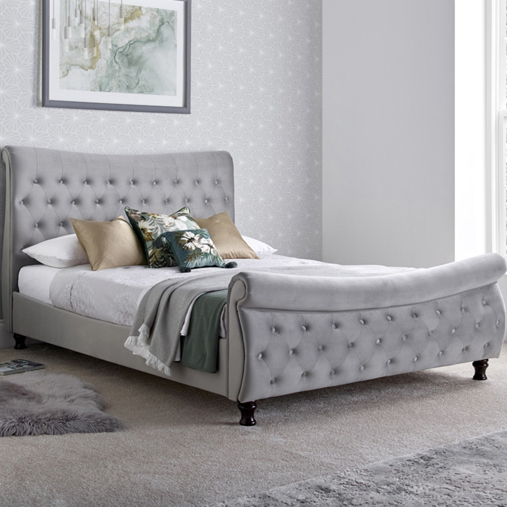 Oxford King Size Grey Velvet Chesterfield Sleigh Bed Frame Image 1