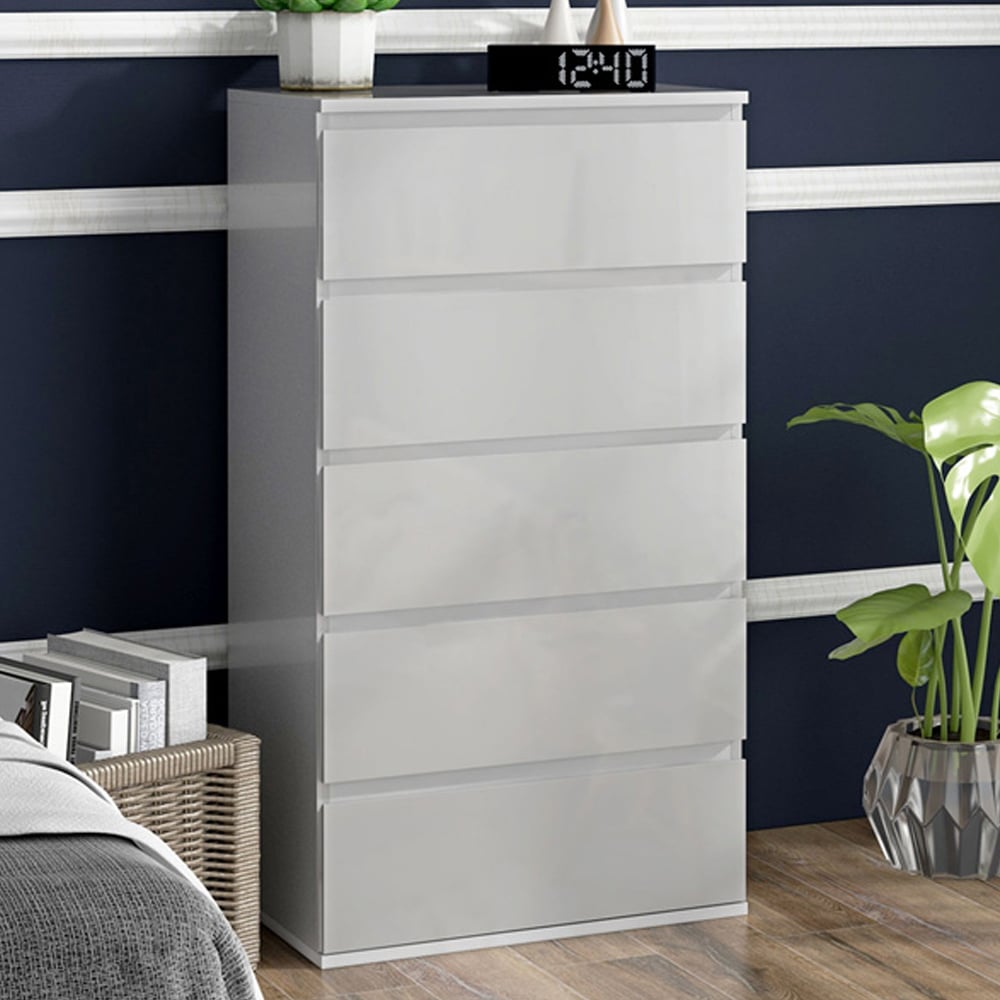 Portland 5 Drawer High Gloss White Chest of Drawers Image 1