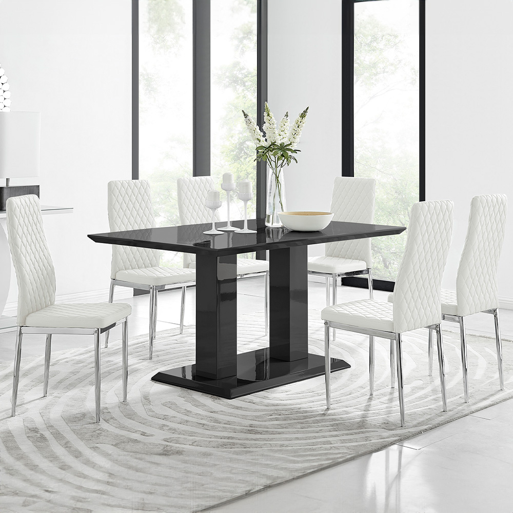 Furniturebox Molini Valera 6 Seater Dining Set Black High Gloss and White Image 1