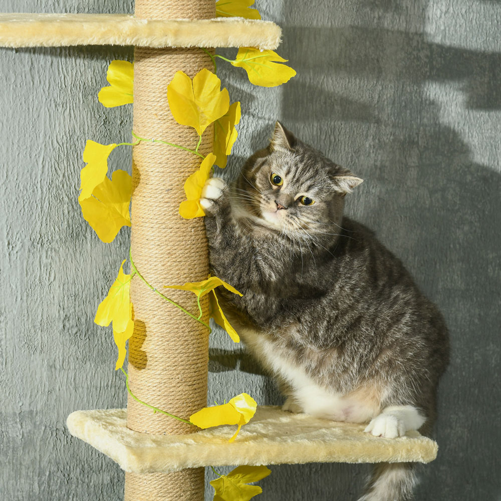 PawHut 242cm Yellow Adjustable Floor-To-Ceiling Cat Tower Image 3