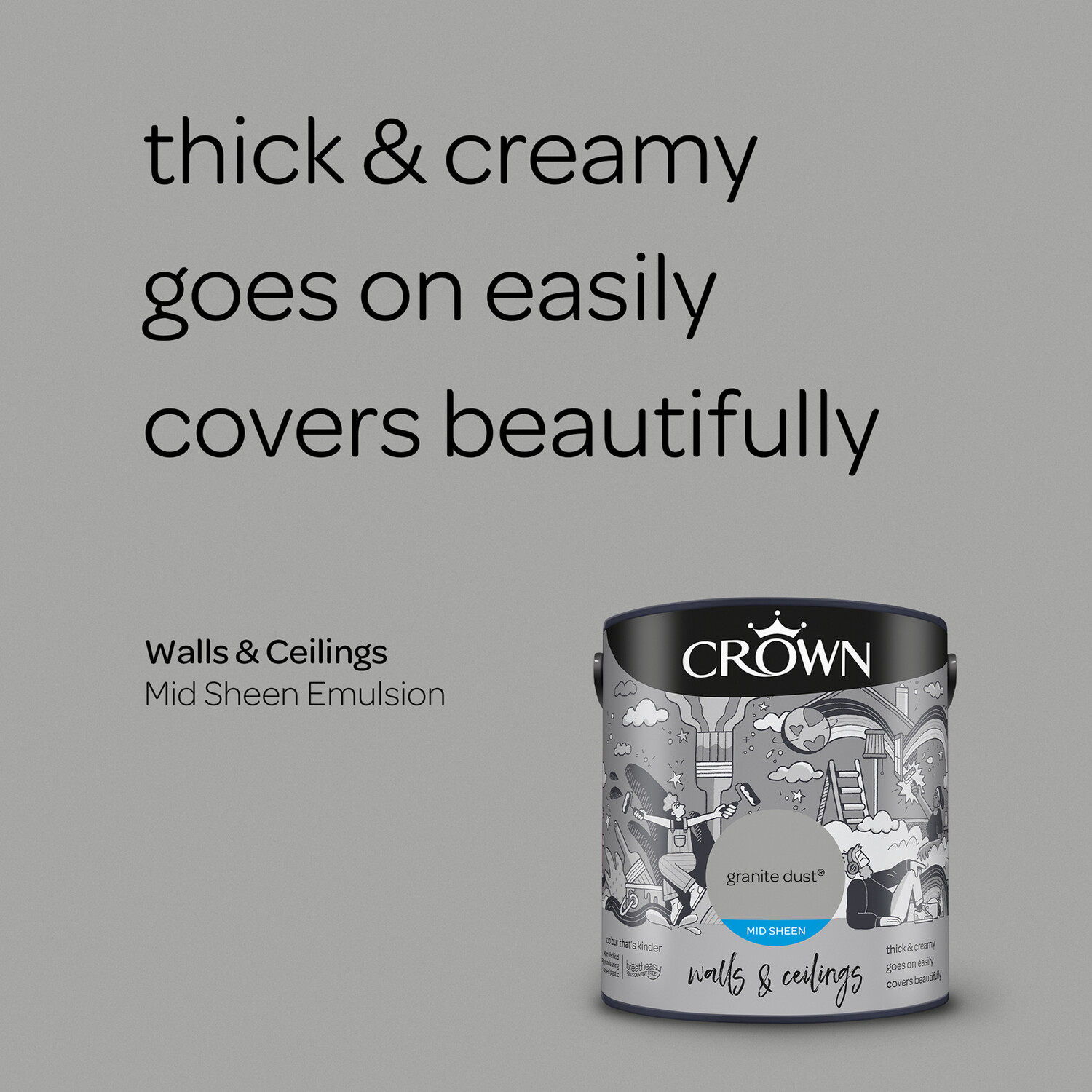 Crown Walls & Ceilings Granite Dust Mid Sheen Emulsion Paint 2.5L Image 8