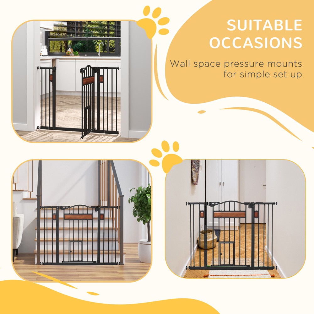 PawHut Black 74-105cm Pine and Metal Pet Safety Gate with Cat Door Image 7