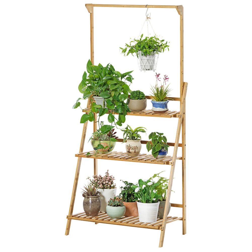 Living and Home 3 Shelf Ladder Bookshelf with Hanging Rod Image 3