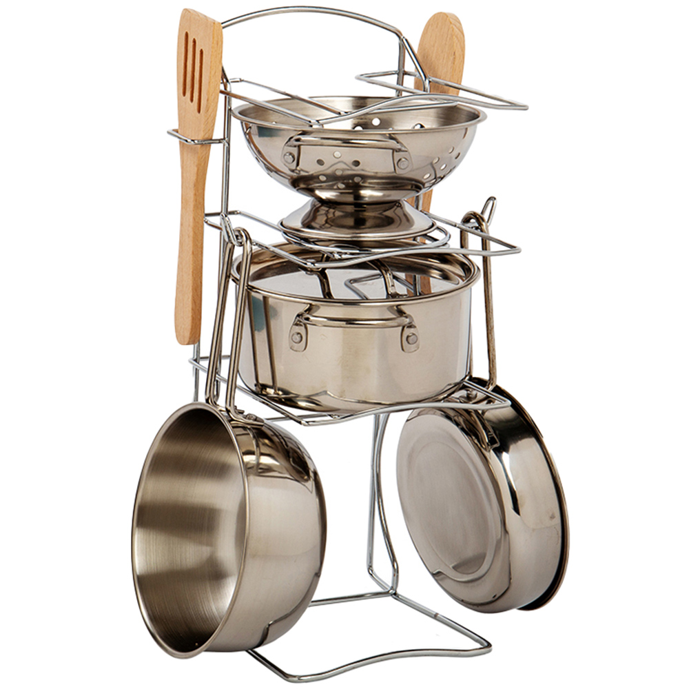 Bigjigs Toys 8 Piece Stainless Steel Cooking Pot Rack Image 1