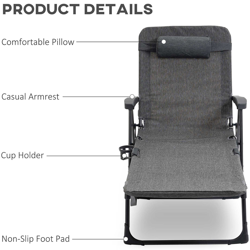 Outsunny Dark Grey Recliner Folding Sun Lounger with Pillow and Cup Holder Image 4