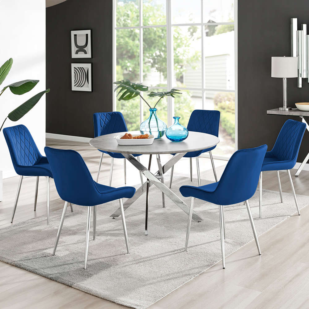 Furniturebox Arona Cesano Concrete Effect 6 Seater Round Dining Set Grey and Navy Image 1