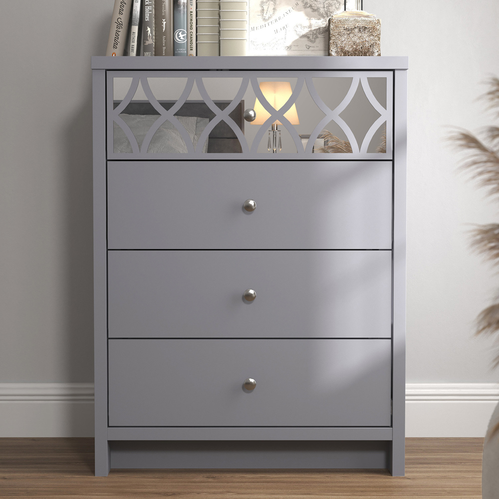 GFW Arianna 4 Drawer Cool Grey Mirrored Chest of Drawer Image 1