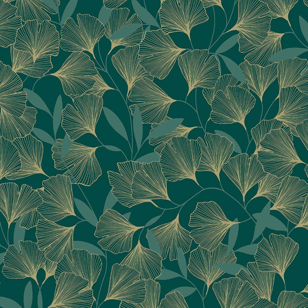 Grandeco Metallic Gingko Leaf Green Textured Wallpaper Image 1