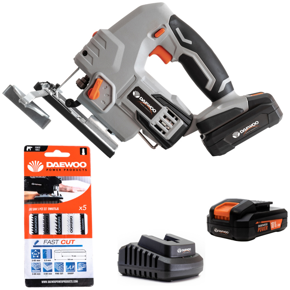 Daewoo U-Force 18V 2Ah Lithium-Ion Cordless Jigsaw with 5 Pack Blade Set and Charger Image 1