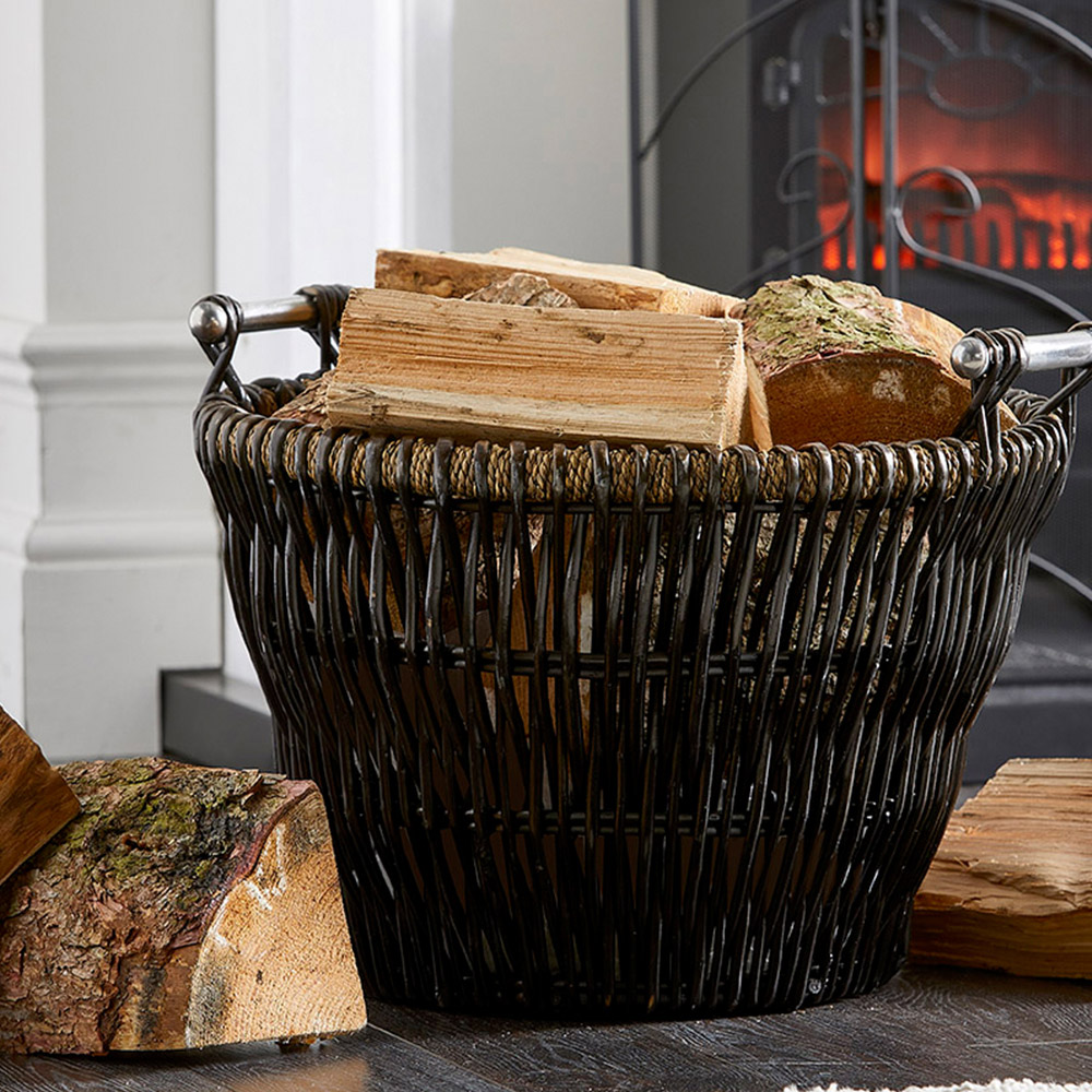Inglenook Fireside Wicker Round Log Basket with Chrome Handles Image 3