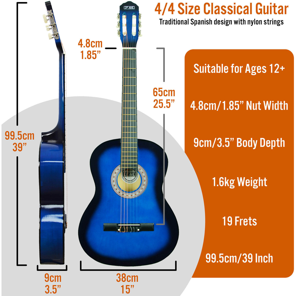 3rd Avenue Blueburst Full Size Classical Guitar Set Image 6