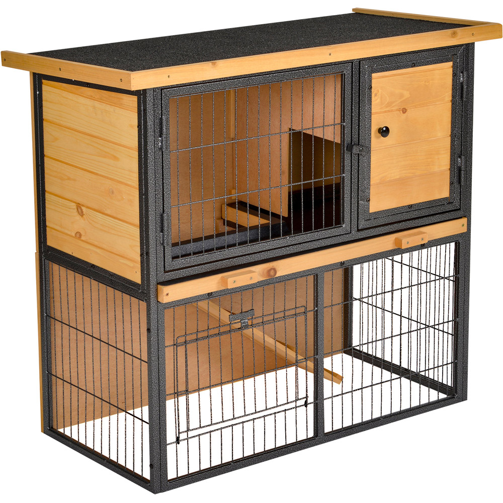 PawHut Wood Metal 2 Tier Elevated Rabbit Hutch with Openable Roof Image 1