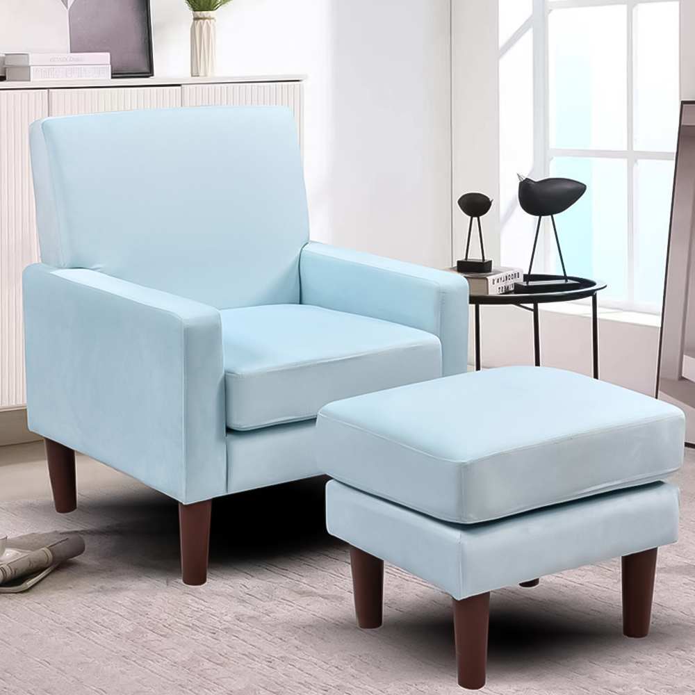 Brooklyn Blue Plush Velvet Armchair with Footstool Image 1