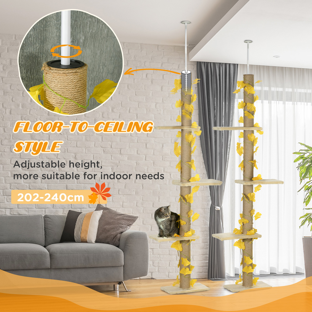PawHut 242cm Yellow Adjustable Floor-To-Ceiling Cat Tower Image 5