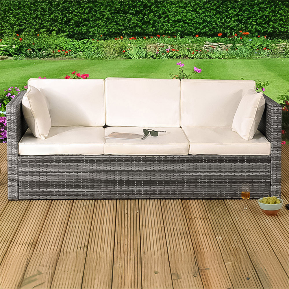 Brooklyn 3 Seater Grey Rattan Sun Lounger Storage Sofa with Cover Image 1
