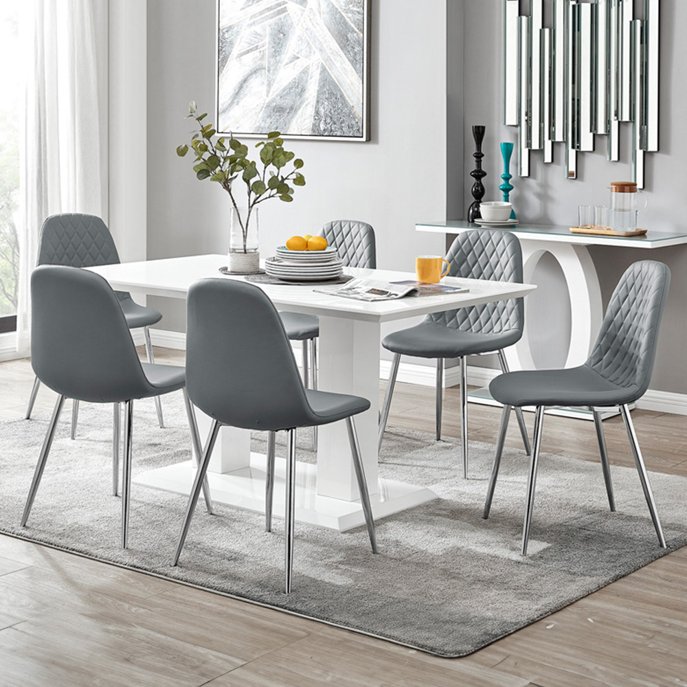 Furniturebox Molini Solara 6 Seater Dining Set White High Gloss and Elephant Grey and Silver Image 1