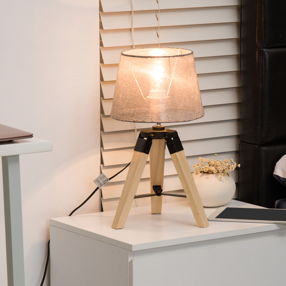 HOMCOM Grey Wooden Tripod Table Lamp Image 2