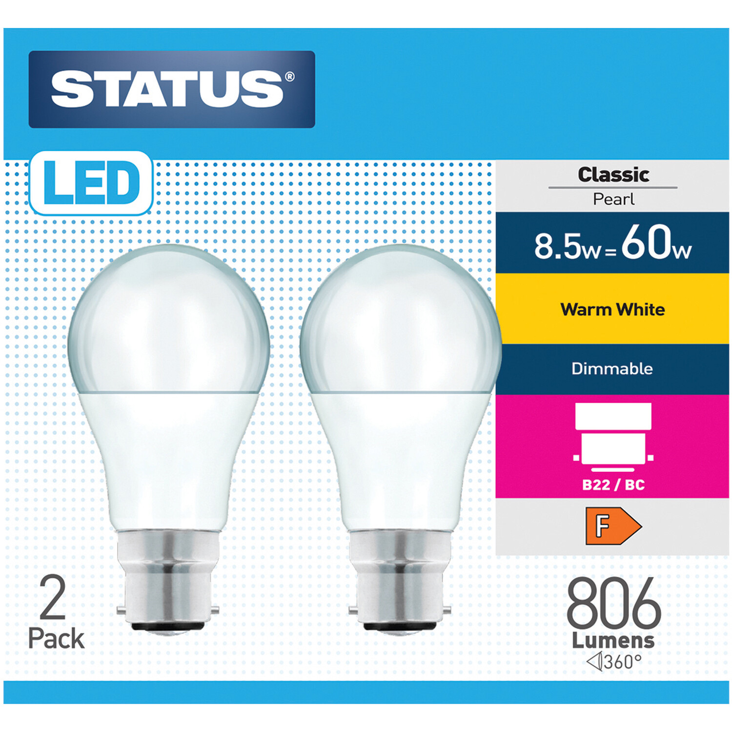 Pack of 2 Status Warm White Dimmable Classic Pearl Lightbulbs - Bayonet Cap / BC Image 1
