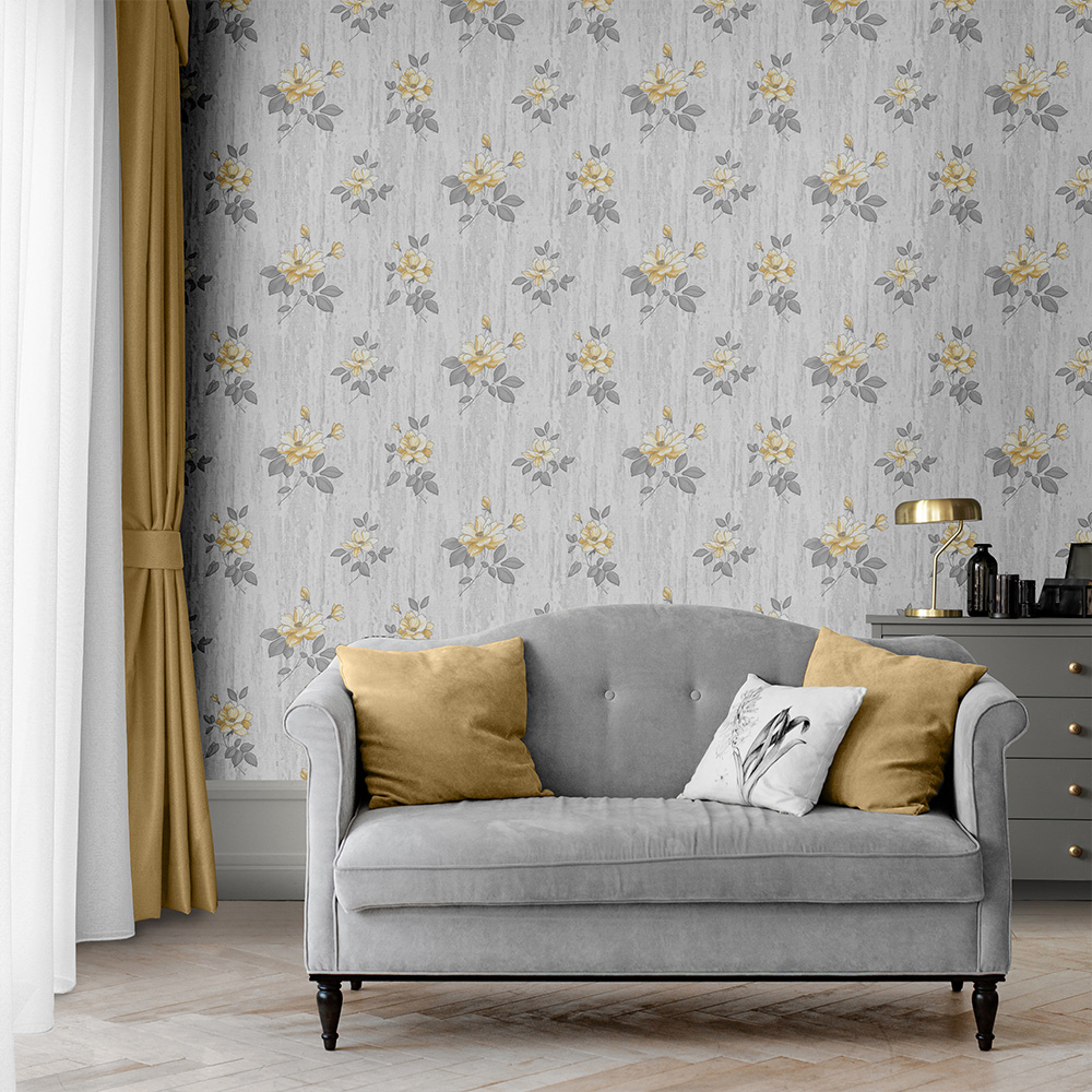 Muriva Darcy James Oleana Floral Ochre and Grey Wallpaper Image 3