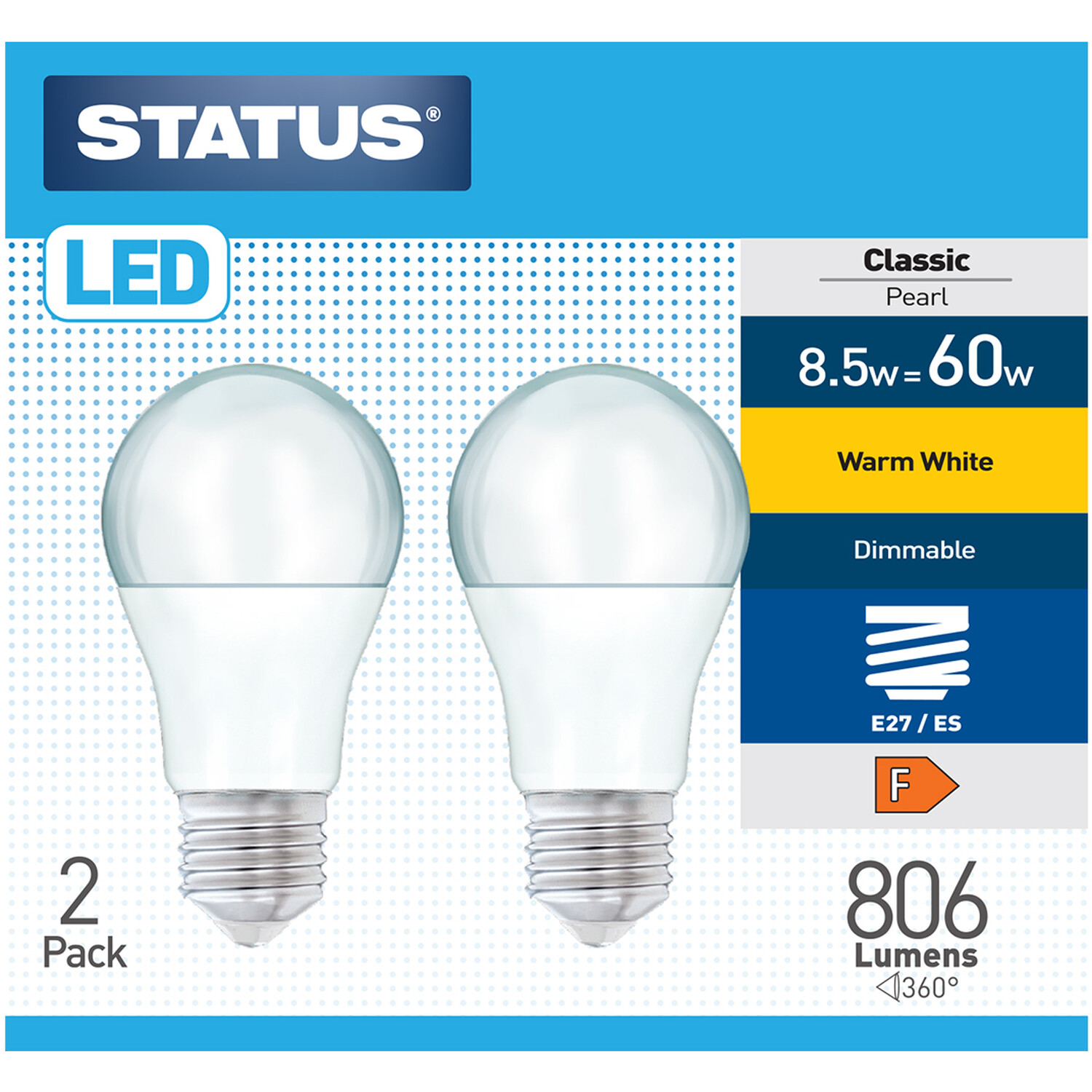 Pack of 2 Status Warm White Dimmable Classic Pearl Lightbulbs - Edison Screw / ES Image 1